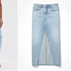 AE Dreamy Drape Low-Rise Denim Maxi Skirt, Medium Wash, Size 16